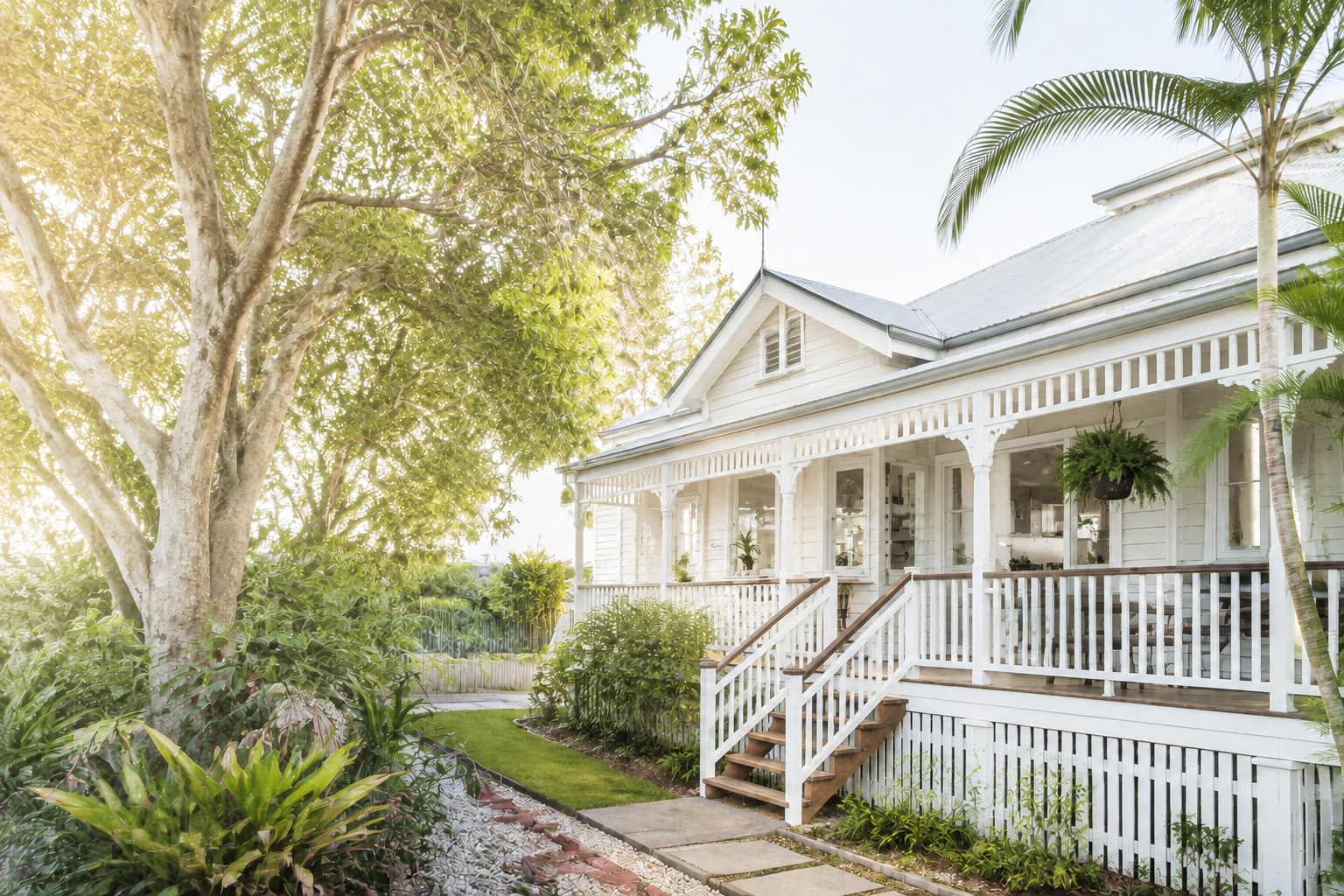 A Queensland home and veranda in morning light